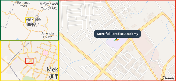 Map showing the address of Merciful Paradise Academy in three different zoom levels.