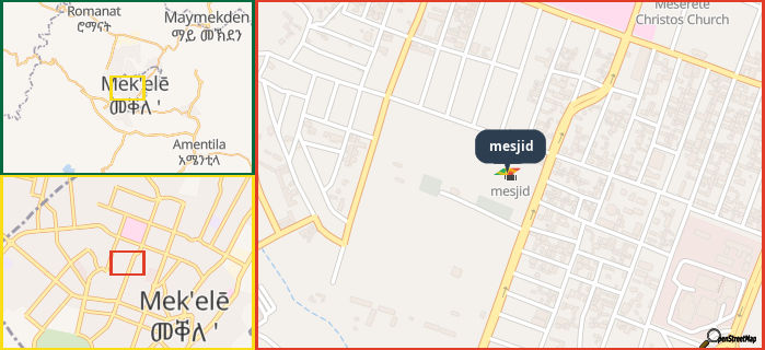 Map showing the address of mesjid in three different zoom levels.