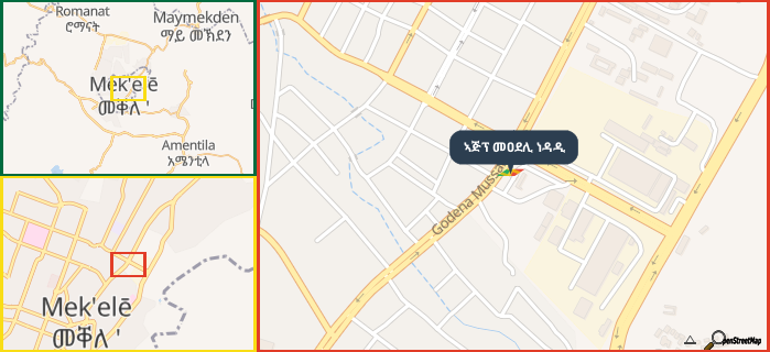 Map showing the address of ኣጅፕ መዐደሊ ነዳዲ in three different zoom levels.