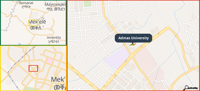 Map showing the address of Admas University in three different zoom levels.