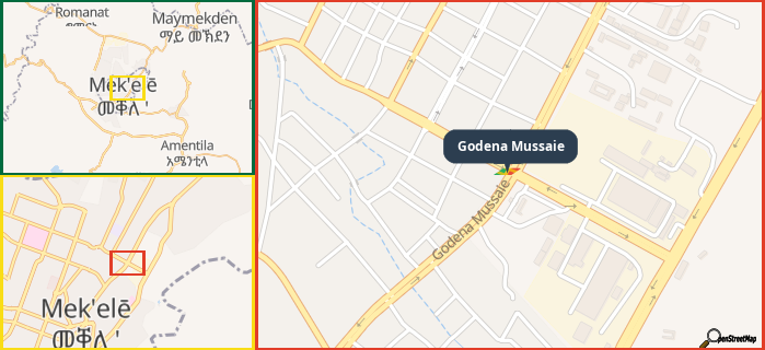 Map showing the address of Godena Mussaie in three different zoom levels.