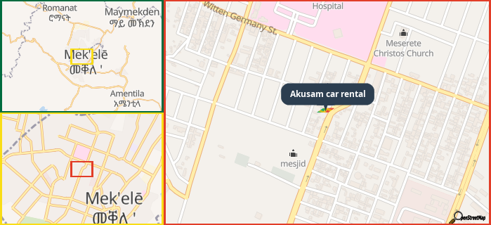 Map showing the address of Akusam car rental in three different zoom levels.