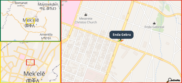 Map showing the address of Enda Gebru in three different zoom levels.