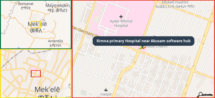 Map showing the address of Rimna primary Hospital near Akusam software hub in three different zoom levels.