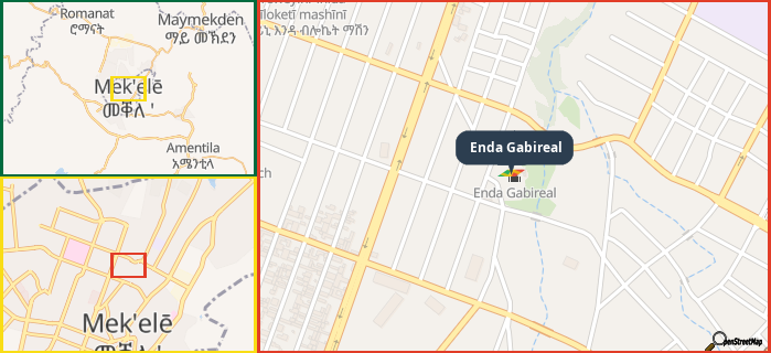 Map showing the address of Enda Gabireal in three different zoom levels.