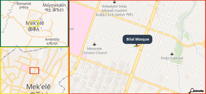 Map showing the address of Bilal Mosque in three different zoom levels.