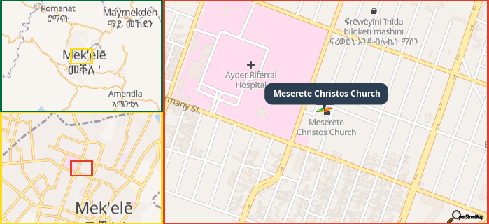 Map showing the address of Meserete Christos Church in three different zoom levels.
