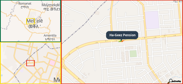 Map showing the address of Ha-Geez Pension in three different zoom levels.