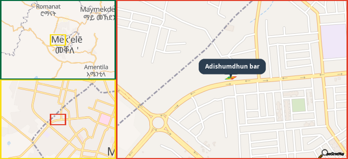 Map showing the address of Adishumdhun bar in three different zoom levels.