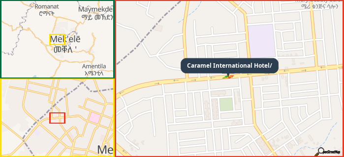 Map showing the address of Caramel International Hotel/ in three different zoom levels.