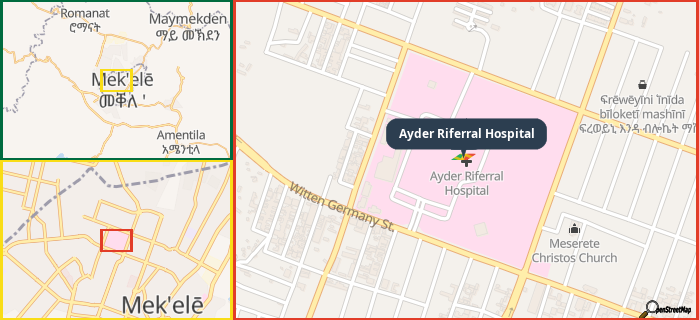 Map showing the address of Ayder Riferral Hospital in three different zoom levels.