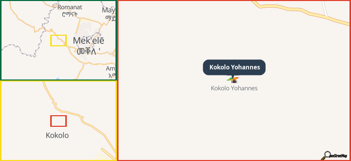 Map showing the address of Kokolo Yohannes in three different zoom levels.