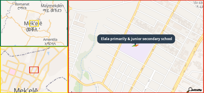 Map showing the address of Elala primarily & junior secondary school in three different zoom levels.