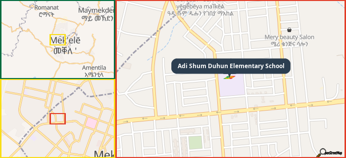 Map showing the address of Adi Shum Duhun Elementary School in three different zoom levels.