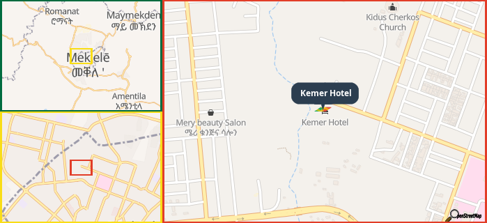 Map showing the address of Kemer Hotel in three different zoom levels.