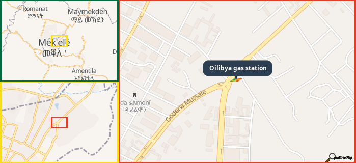 Map showing the address of Oilibya gas station in three different zoom levels.