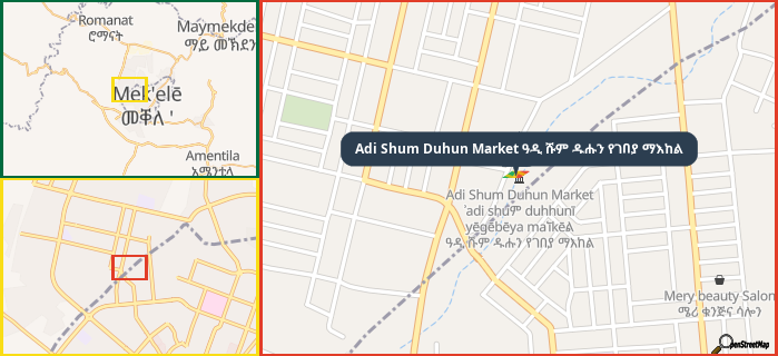 Map showing the address of Adi Shum Duhun Market ዓዲ ሹም ዱሑን የገበያ ማእከል in three different zoom levels.
