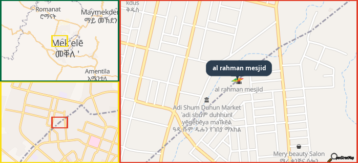 Map showing the address of al rahman mesjid in three different zoom levels.
