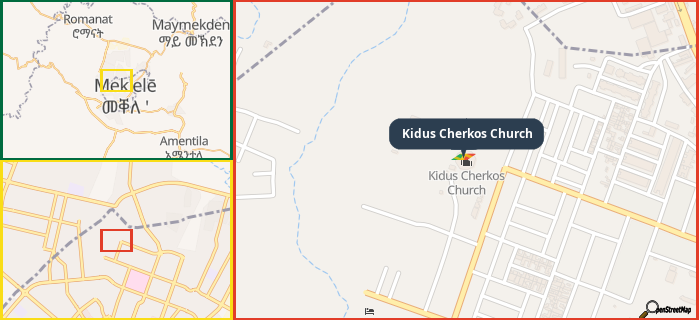 Map showing the address of Kidus Cherkos Church in three different zoom levels.
