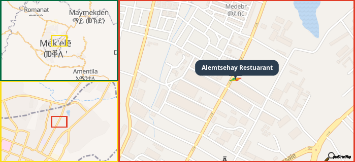 Map showing the address of Alemtsehay Restuarant in three different zoom levels.