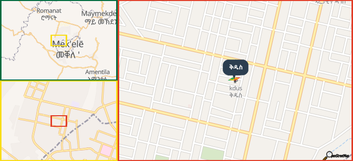 Map showing the address of ቅዱስ in three different zoom levels.