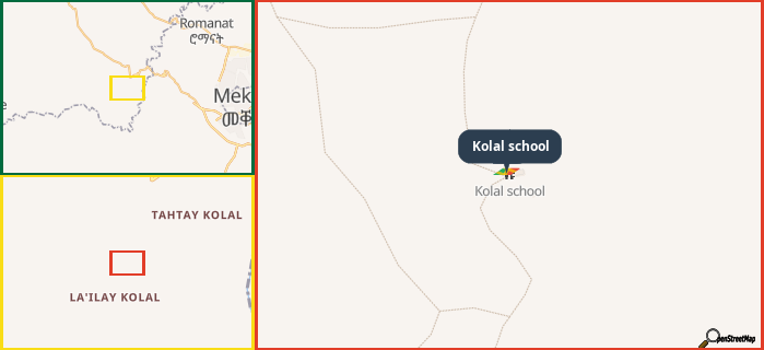 Map showing the address of Kolal school in three different zoom levels.