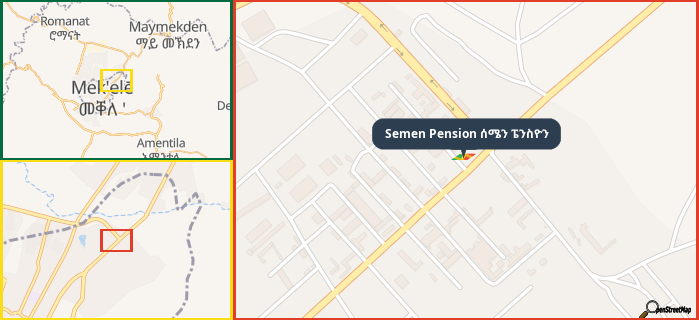 Map showing the address of Semen Pension ሰሜን ፔንስዮን in three different zoom levels.