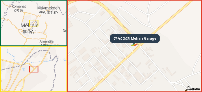 Map showing the address of መሓሪ ጋራጅ Mehari Garage in three different zoom levels.