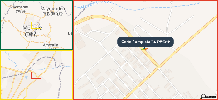 Map showing the address of Gerie Pumpista ገሬ ፓምፒስታ in three different zoom levels.