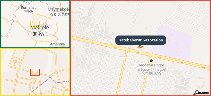 Map showing the address of Yetebaberut Gas Station in three different zoom levels.