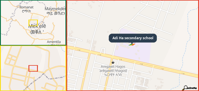 Map showing the address of Adi Ha secondary school in three different zoom levels.