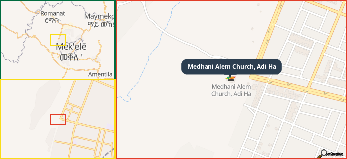 Map showing the address of Medhani Alem Church, Adi Ha in three different zoom levels.