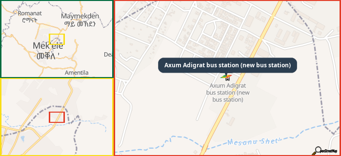 Map showing the address of Axum Adigrat bus station (new bus station) in three different zoom levels.