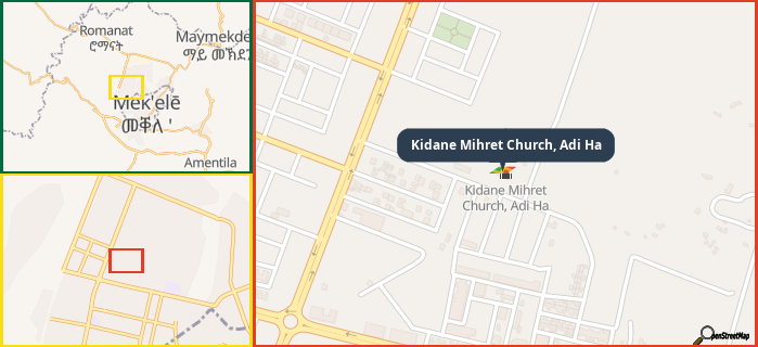 Map showing the address of Kidane Mihret Church, Adi Ha in three different zoom levels.