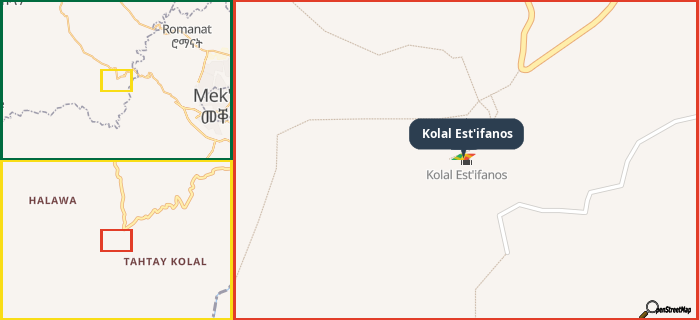 Map showing the address of Kolal Est'ifanos in three different zoom levels.