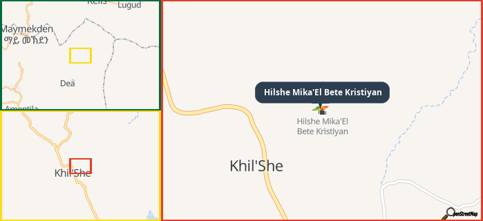 Map showing the address of Hilshe Mika'El Bete Kristiyan in three different zoom levels.