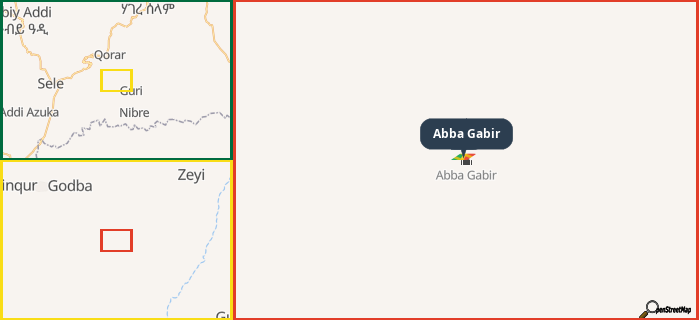 Map showing the address of Abba Gabir in three different zoom levels.
