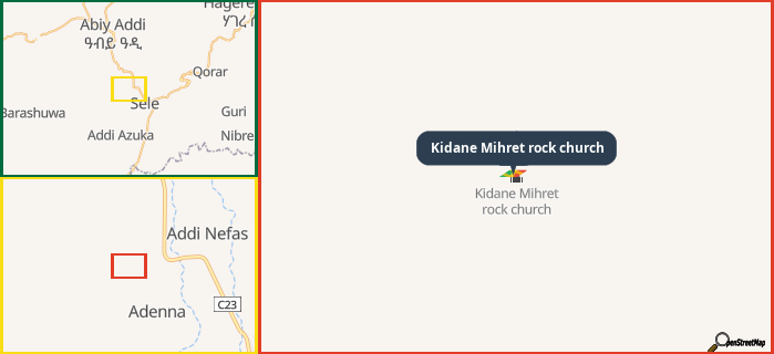 Map showing the address of Kidane Mihret rock church in three different zoom levels.