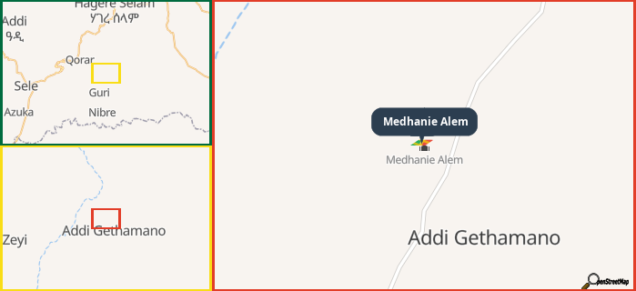 Map showing the address of Medhanie Alem in three different zoom levels.