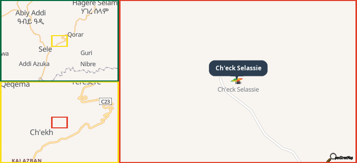 Map showing the address of Ch'eck Selassie in three different zoom levels.