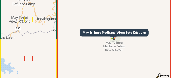 Map showing the address of May Ts'Emre Medhane `Alem Bete Kristiyan in three different zoom levels.