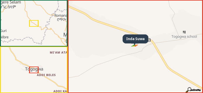 Map showing the address of Inda Suwa in three different zoom levels.