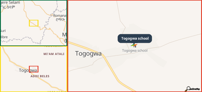Map showing the address of Togogwa school in three different zoom levels.