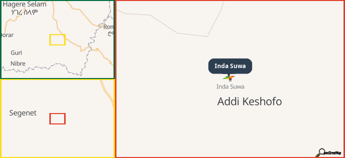 Map showing the address of Inda Suwa in three different zoom levels.