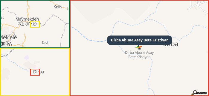 Map showing the address of Dirba Abune Asay Bete Kristiyan in three different zoom levels.
