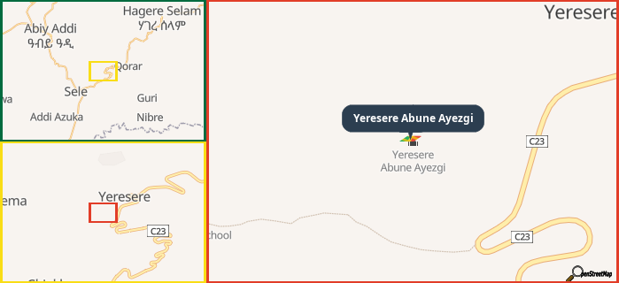 Map showing the address of Yeresere Abune Ayezgi in three different zoom levels.