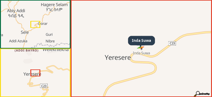 Map showing the address of Inda Suwa in three different zoom levels.