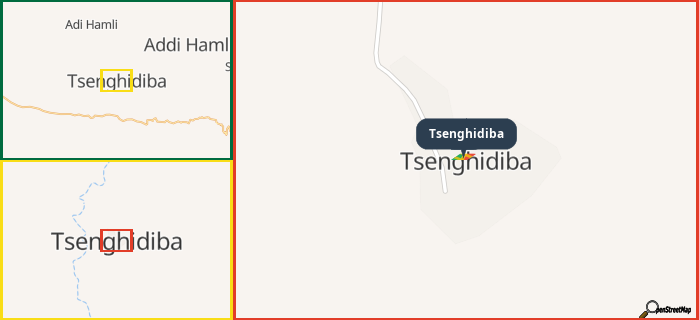 Map showing the address of Tsenghidiba in three different zoom levels.