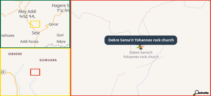 Map showing the address of Debre Sema'it Yohannes rock church in three different zoom levels.