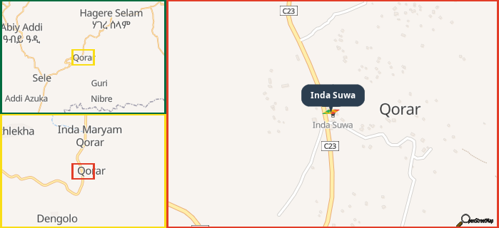 Map showing the address of Inda Suwa in three different zoom levels.